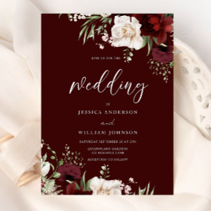 Invitación Boda de Floral Blanca de Vino Rojo de Borgoña