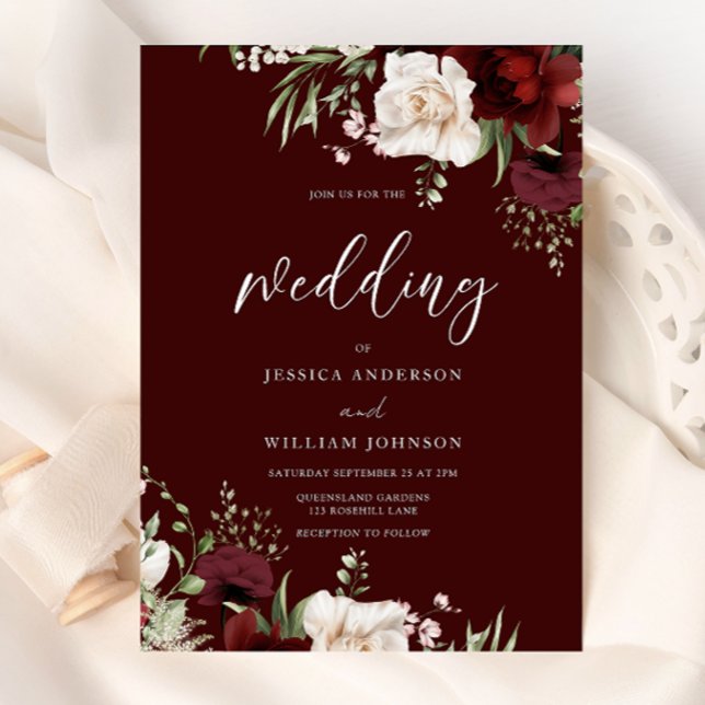 Invitación Boda de Floral Blanca de Vino Rojo de Borgoña (Subido por el creador)