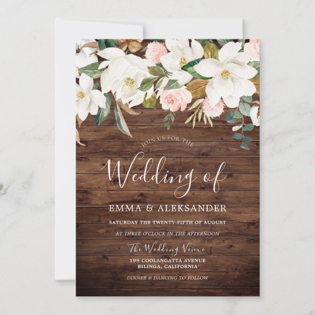 Invitación Boda de Floral blanca y Rubor de Madera Rusa (Anverso)