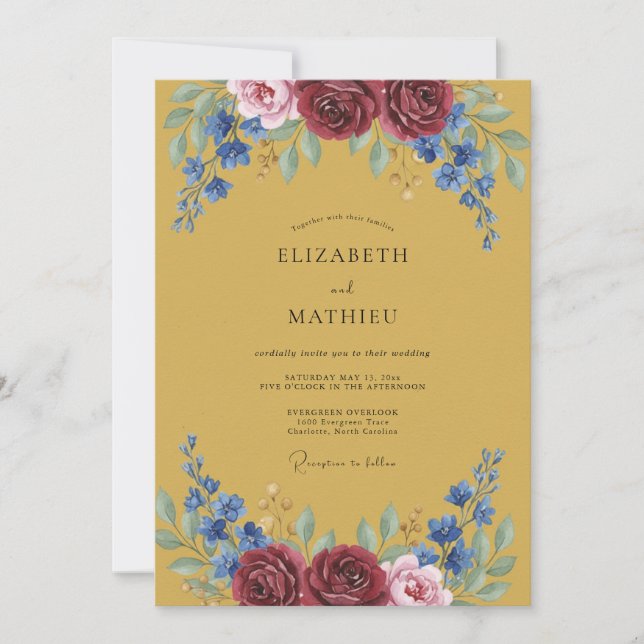 Invitación Boda de Floral Botánico Azul Granate (Anverso)