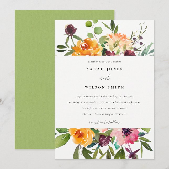 INVITACIÓN BODA DE FLORAL BUNCH DE NARANJA AMARILLO RUBOR LUM (Anverso / Reverso)