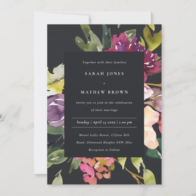 Invitación Boda DE FLORAL BUNCH DE RUBOR BURGUNDY AMARILLO NE (Anverso)