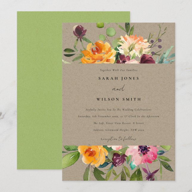 Invitación Boda DE FLORAL BUNCH DEL NARANJA AMARILLO DE RUBOR (Anverso / Reverso)