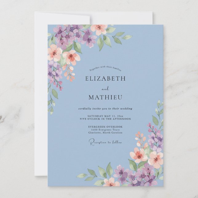 Invitación Boda de Floral Caprichosa Periwinkle (Anverso)
