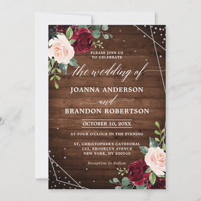 Invitación Boda de Floral de Borgoña Geométrica de Madera Rús (Anverso)