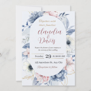 Invitación Boda de Floral de color de agua azul Berry Blue Bu