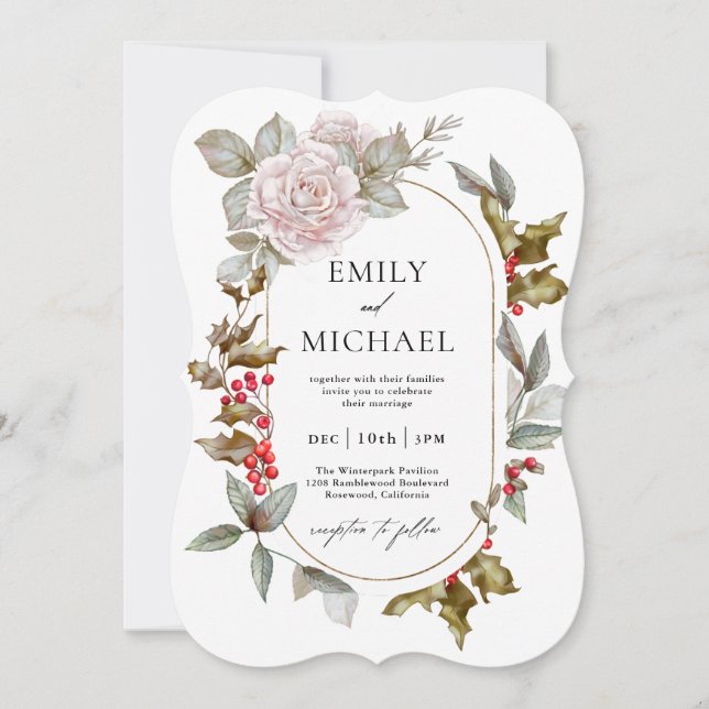 Invitación Boda de Floral de Invierno Romántico y Siempre Ver (Anverso)