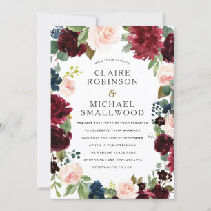 Invitación Boda de floral de vino Rubor y rojo