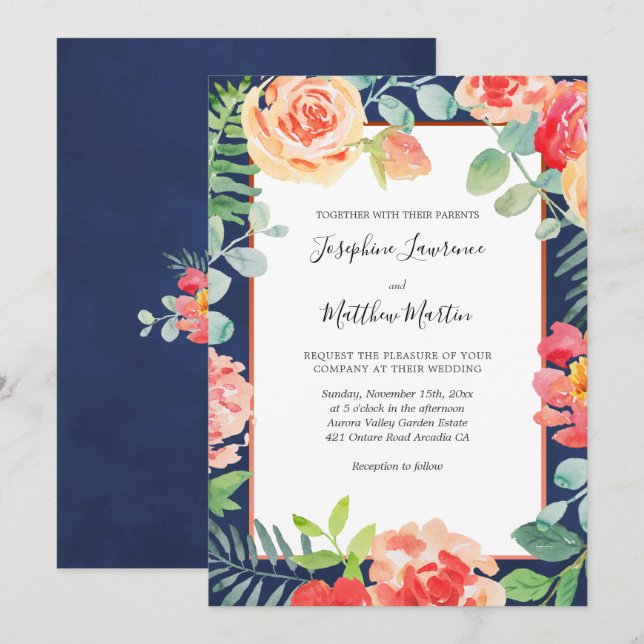 Invitación Boda de Floral Elegante Azul de la Marina (Anverso / Reverso)