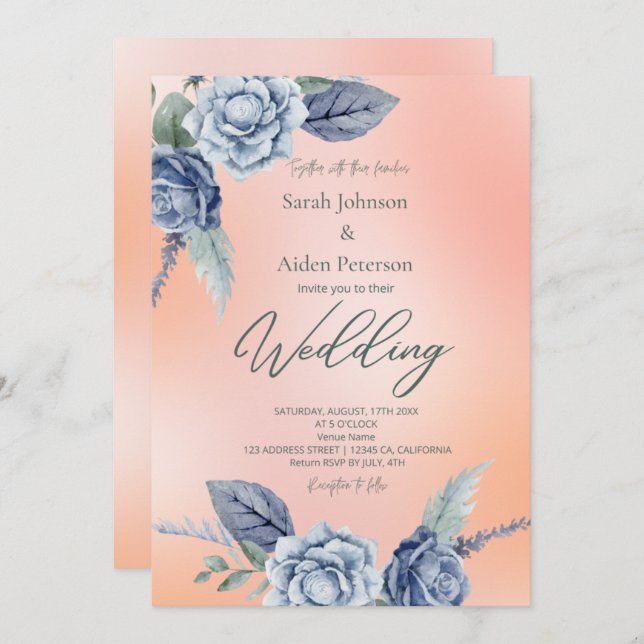 Invitación Boda de floral elegante melocotón y azul polvorien (Anverso / Reverso)