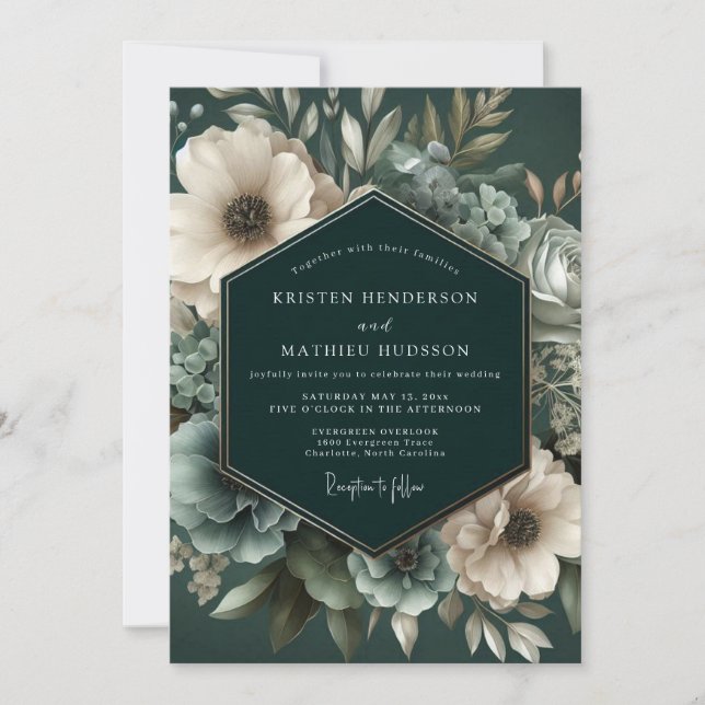 Invitación Boda de Floral Esmeralda Profunda (Anverso)