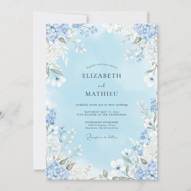 Invitación Boda de Floral Flor de Cielo Azul (Anverso)