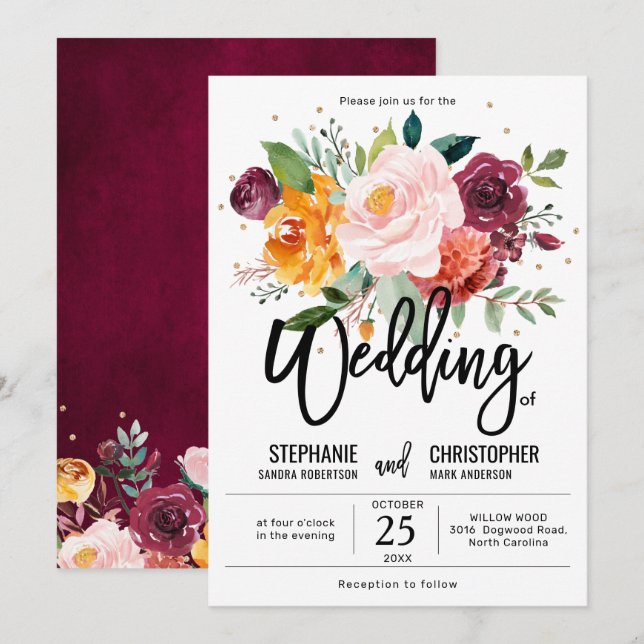 Invitación Boda de Floral Floral Blossom de Rubor de otoño en (Anverso / Reverso)