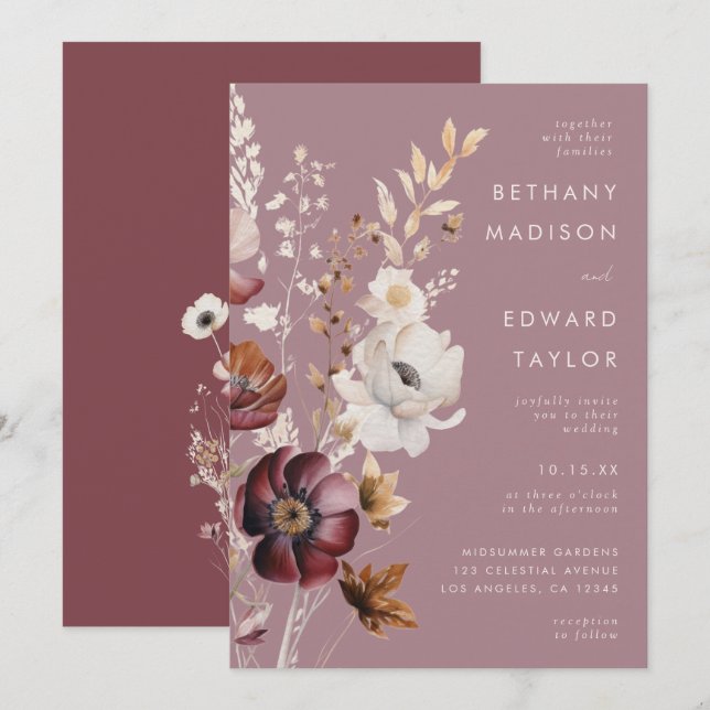 Invitación Boda de Floral Malva Otoñal Elegante (Anverso / Reverso)
