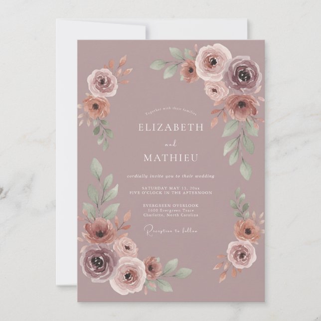 Invitación Boda de Floral Malva Polvorienta (Anverso)