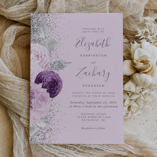 Invitación Boda de Floral Purple Silver Glitter Lila
