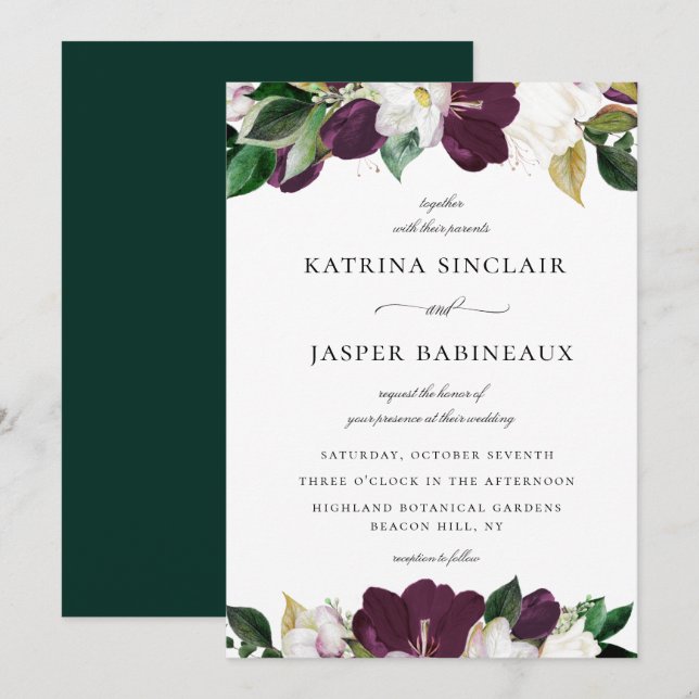 Invitación Boda de Floral Púrpura de Pluma Blanca de Marfil (Anverso / Reverso)