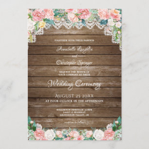 Invitación Boda de floral rosa y encaje de la Rubor de madera