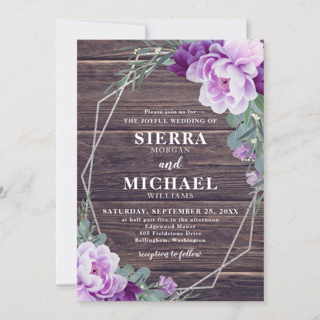 Invitación Boda de Floral Rusa Barnwood Silver y Purple Flora (Anverso)