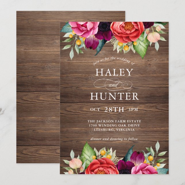 Invitación Boda de Floral Rusal Barn Wood (Anverso / Reverso)
