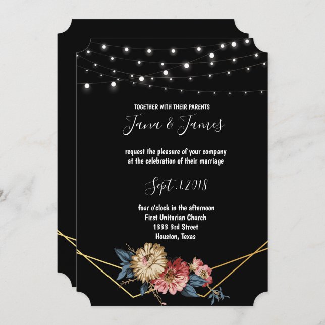 Invitación Boda de Floral Rustic Magnolia String Luces (Anverso / Reverso)