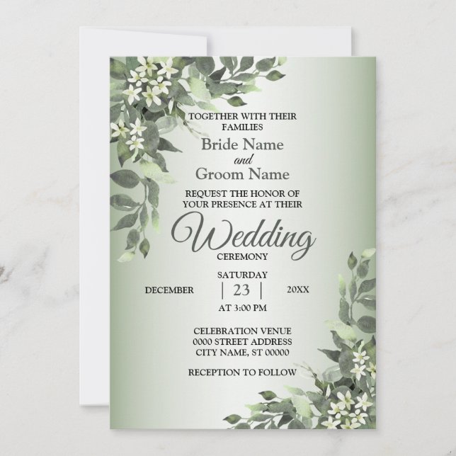Invitación Boda de Floral Rústico Verde con Hojas de Eucalipt (Anverso)