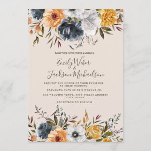 Invitación Boda de Floral Verde Amarillo Mostaza Azul Marino