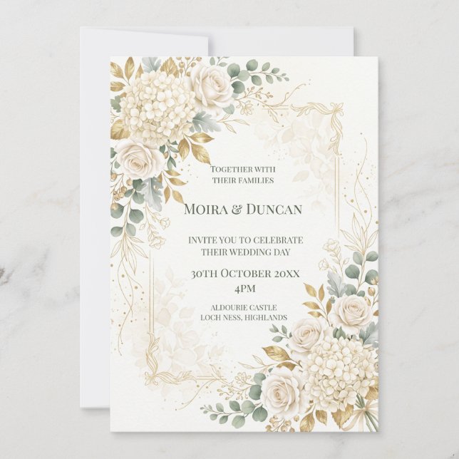 Invitación Boda de Floral Verde Marfil (Anverso)