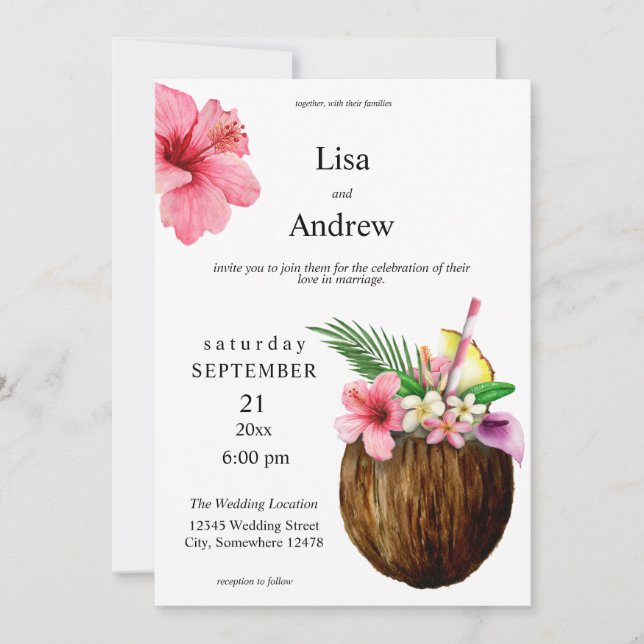 Invitación Boda de Floral y Coco Tropical Hawaiano (Anverso)