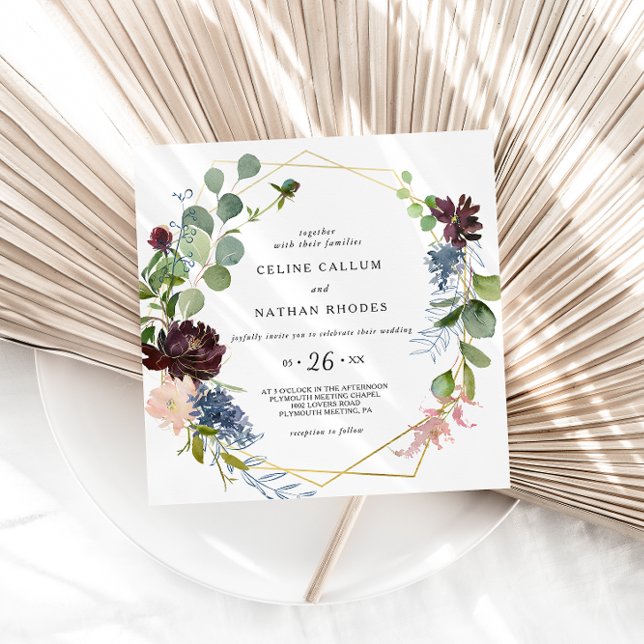 Invitación Boda de Floral y Verdor de Borgoña Geométrica (Subido por el creador)