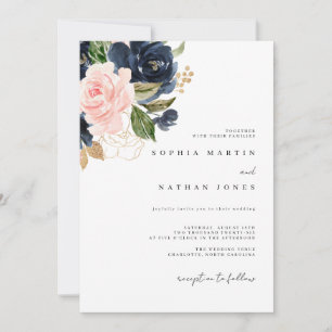 Invitación Boda de Florales Acuarela Elegante Rosa y Azul Mar