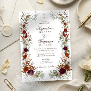 Invitación Boda de Florales Burgundy Otoño y Naranja Quemada