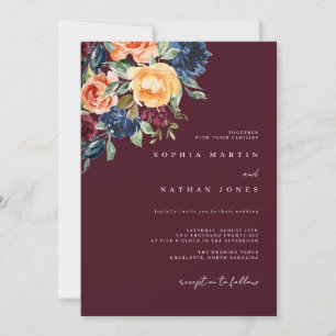 Invitación Boda de Florales de Acuarela de Borgoña de Otoño