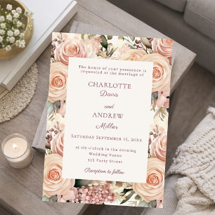 Invitación Boda de florales de marfil rosa polvoriento y malv