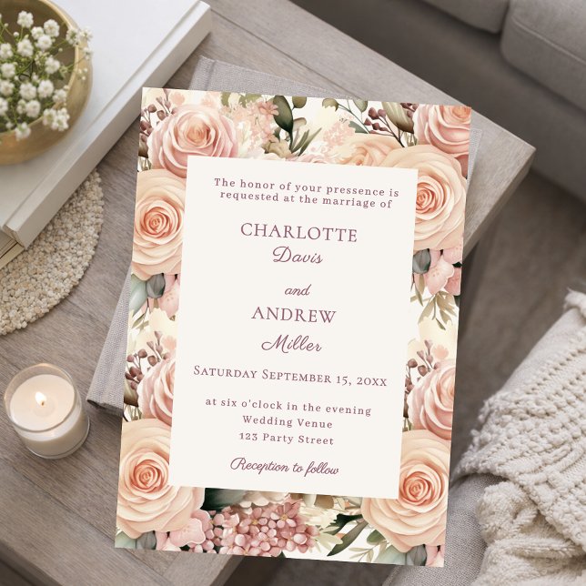 Invitación Boda de florales de marfil rosa polvoriento y malv (Subido por el creador)