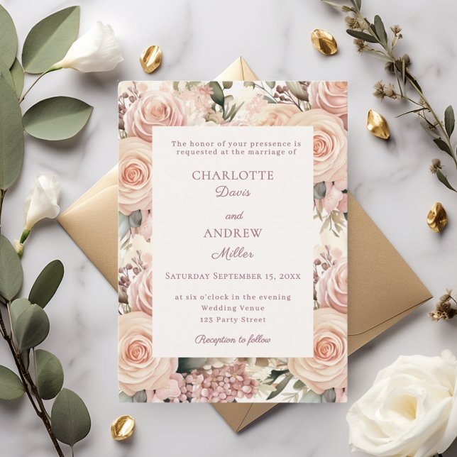 Invitación Boda de florales de marfil rosa polvoriento y malv (Subido por el creador)
