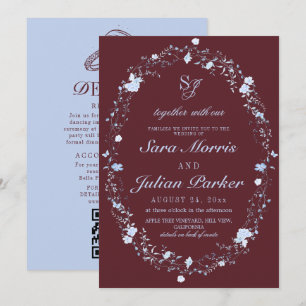 Invitación Boda de Florales Franceses Rojo Vino y Azul Hielo