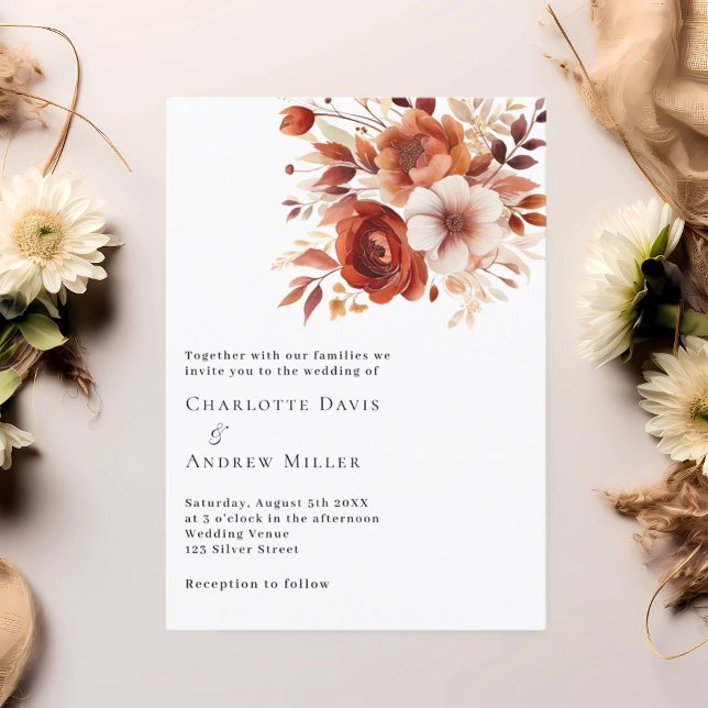 Invitación Boda de florales naranjas quemados en beige (Subido por el creador)