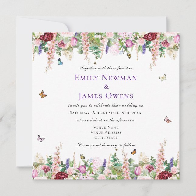 Invitación Boda de Florales y Mariposas Púrpura Modernas (Anverso)