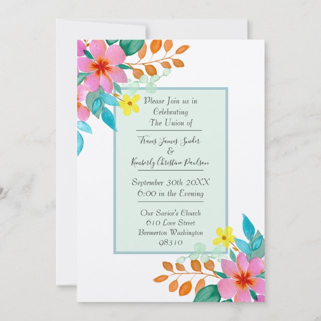 Invitación Boda de Florals de acuarela moderna y brillante (Reverso)