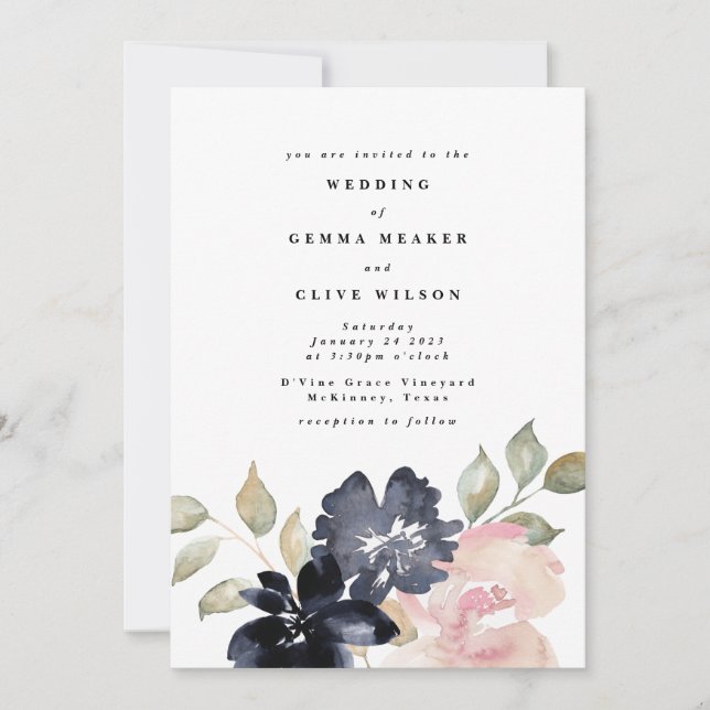 Invitación Boda de Florals de acuarela romántica (Anverso)
