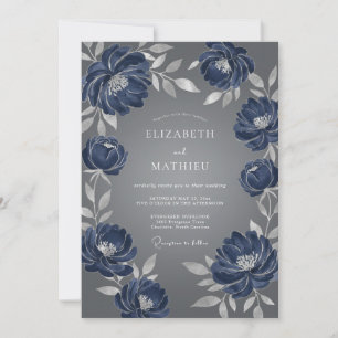 Invitación Boda de florecimiento artístico azul marino