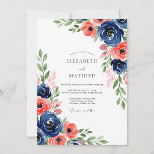 Invitación Boda de florecimiento botánico coral naval