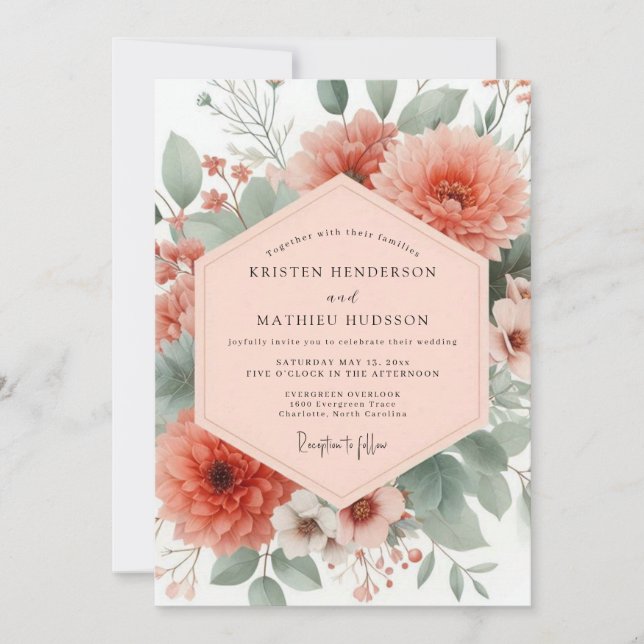 Invitación Boda de florecimiento botánico de coral (Anverso)