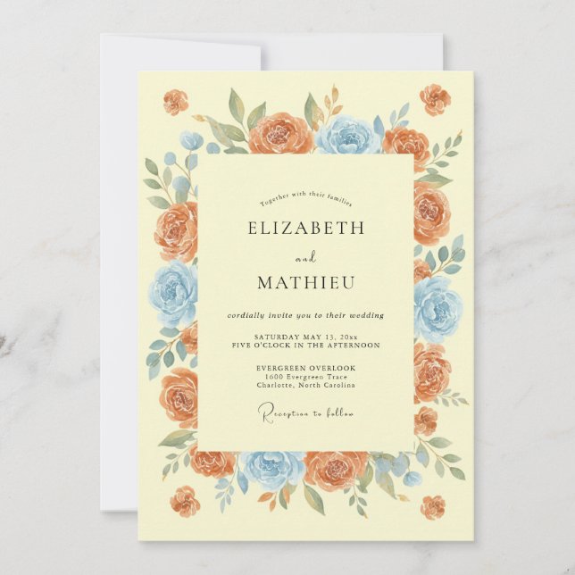 Invitación Boda de florecimiento caprichoso azul coral (Anverso)