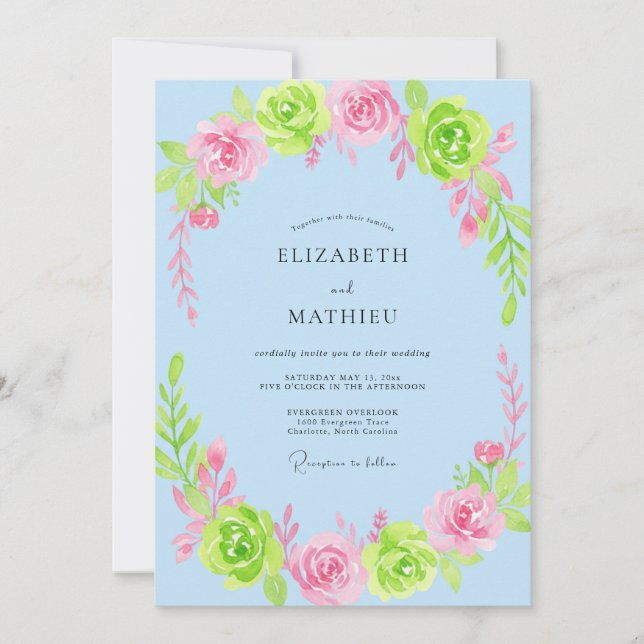 Invitación Boda de florecimiento caprichoso de azul claro (Anverso)