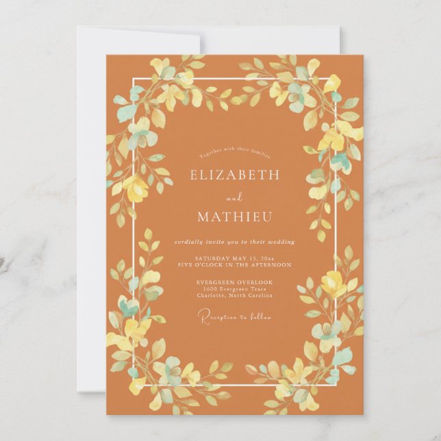 Invitación Boda de florecimiento caprichoso de naranja quemad (Anverso)