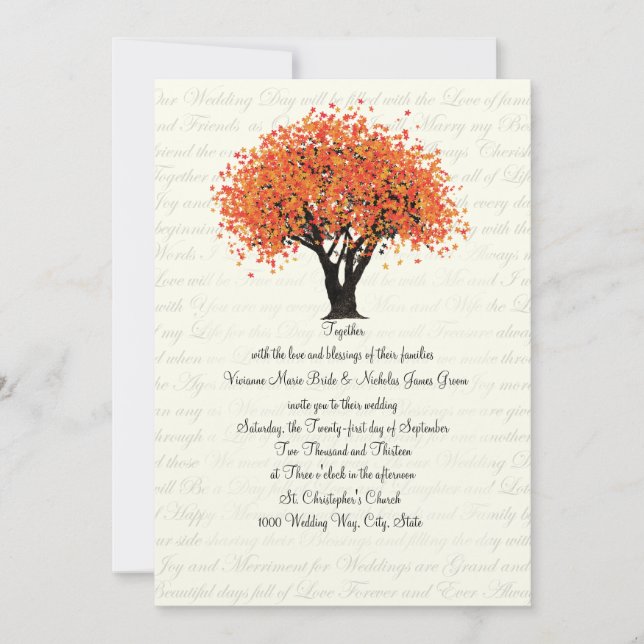 Invitación Boda de florecimiento de árboles otoñales (Anverso)