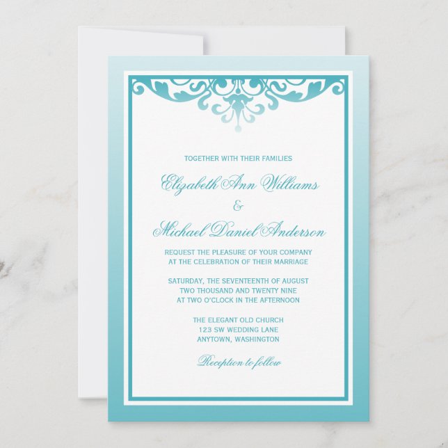 Invitación Boda de Florecimiento de Borde verde azulado Ombre (Anverso)