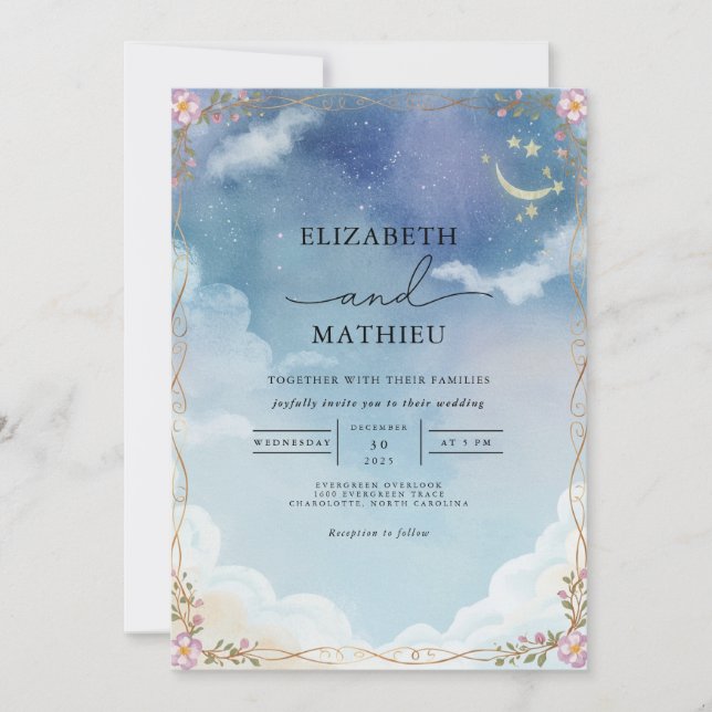 Invitación Boda de florecimiento de nubes celestes (Anverso)